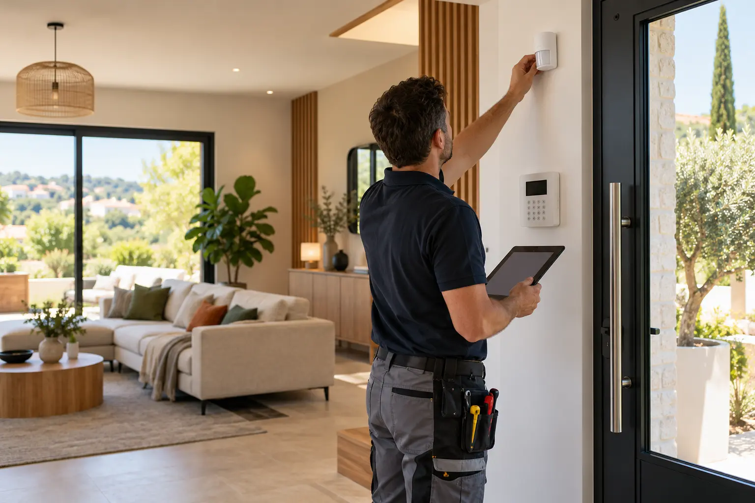 Technicien installant un système d’alarme connecté dans une habitation